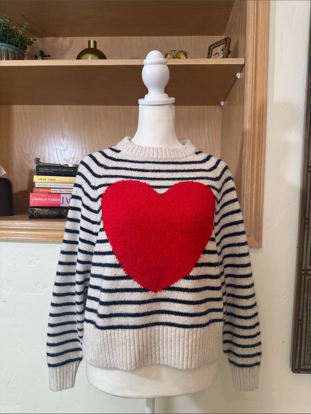 Old Navy Cream and Black Striped Go Recycled Red Heart Sweater